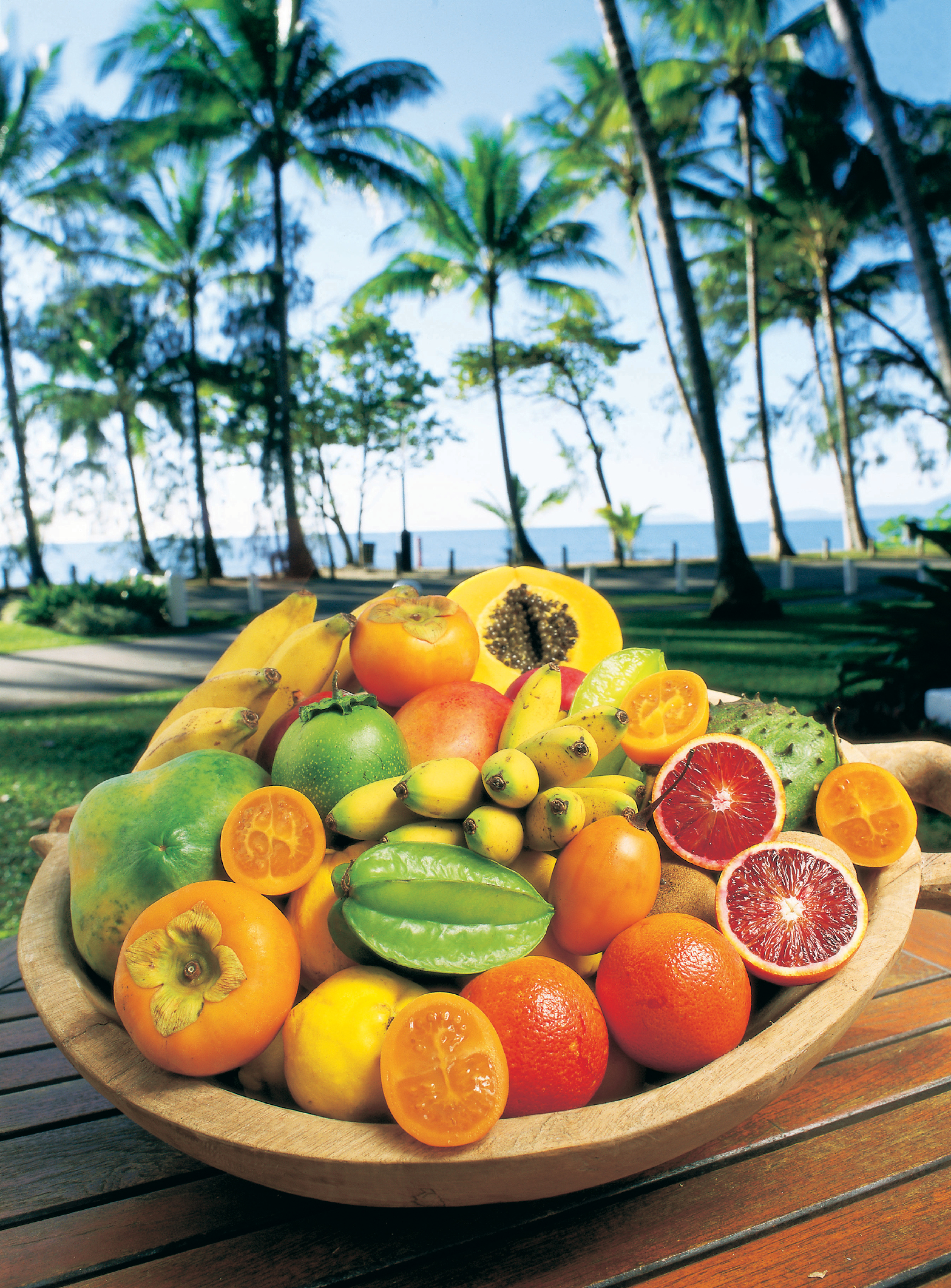 Bowl of tropical fruit on table